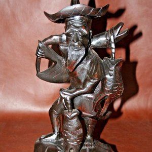 Vintage Hand Carved 13" Tall  Wooden Fisherman Sculpture Figure